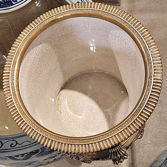 Blue, White Chinoiserie Porcelain Planter. Hand Painted. Bronze Accents (10"H) - Picture 9 of 9